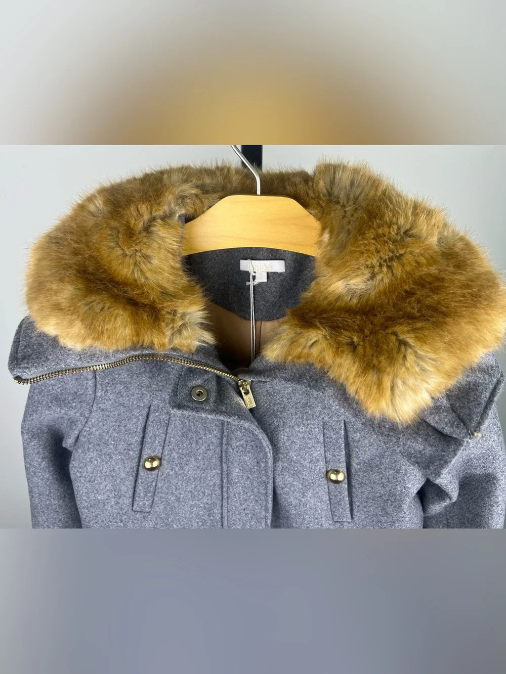 Chloé Girls Wool Fur Hooded Coat/Jacket, Gray, Size 8